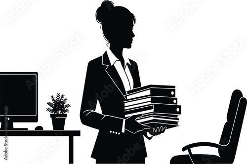 Businesswoman holding stack of office binders in front of desk and chair