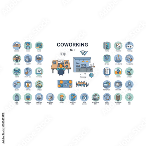 Coworking and shared office space icon collection for business collaboration