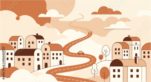 Whimsical town landscape in warm orange hues with cloudy sky for travel brochure