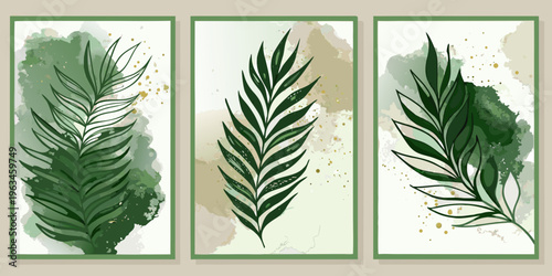 Abstract watercolor triptych featuring tropical fern leaf illustrations