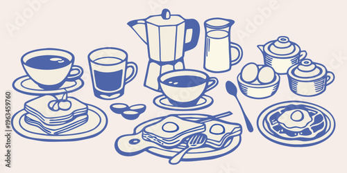 A colorful illustrative still life featuring breakfast items and coffee