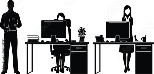Office workers at desks with computers and office supplies