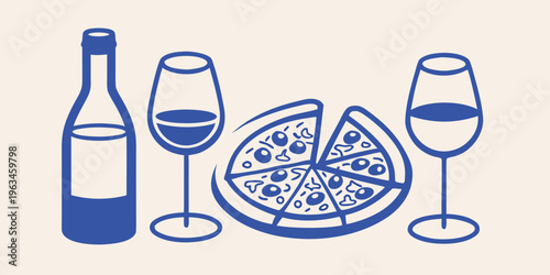 A simple blue illustration of wine glasses and a pizza slice