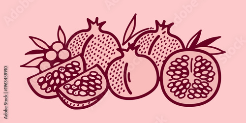 A collection of pomegranates both whole and cut open displayed together