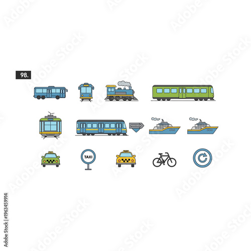 Transportation icons collection featuring trains ships taxis and bicycles