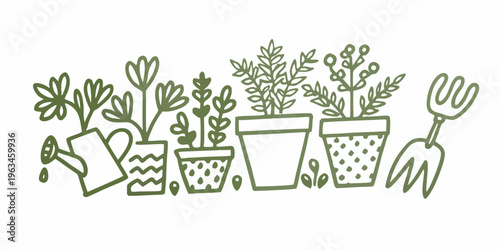Hand drawn illustration of gardening tools and potted plants in green