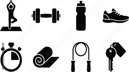 A set of black fitness icons on transparent background