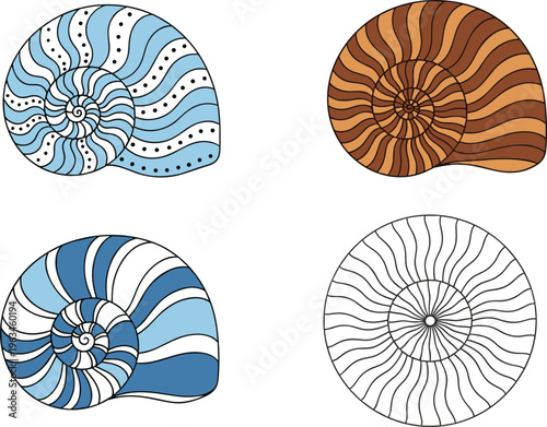 Spiral Shell Collection Featuring Nautilus Patterns in Blue, Brown, and Black for Beach and Ocean-themed Designs