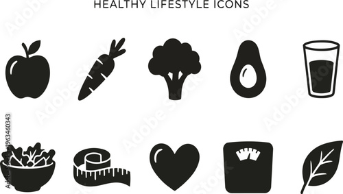 A set of healthy lifestyle icons on transparent background