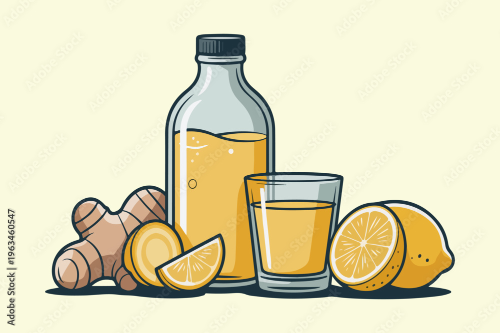 Obraz premium Healthy Ginger and Lemon Detox Drink in Glass Bottle with Sliced Fruits Illustration