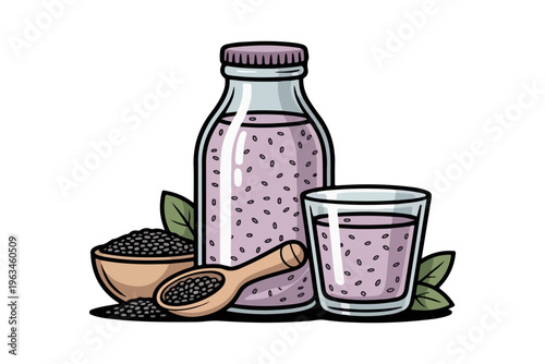 Healthy Purple Berry Chia Seed Smoothie in Glass Bottle and Drinking Glass Illustration