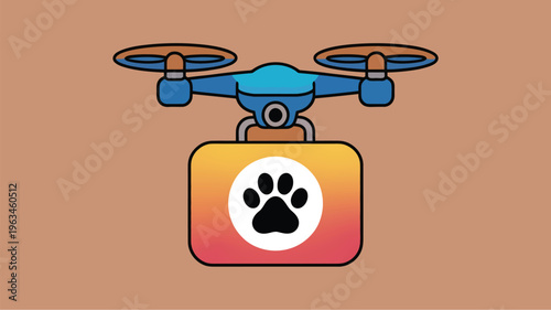 Drone delivering a package with a paw print symbol for pet supplies or services Vector, illustration
