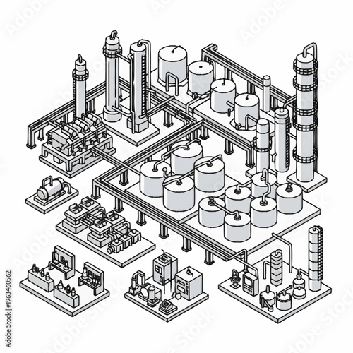 Detailed Isometric Line Art of a Complex Industrial Chemical Plant Layout.