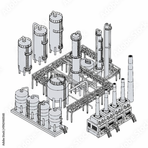 Detailed isometric line drawing of an industrial chemical plant with multiple tanks and towers.
