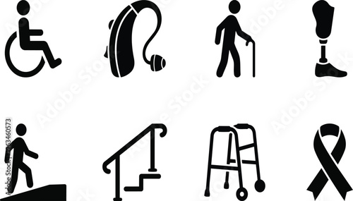 A set of black and white icons representing disability and accessibility on transparent background