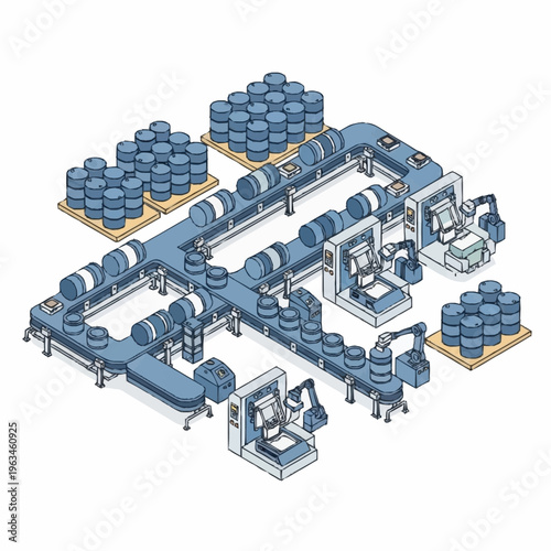Isometric illustration of a modern automated water bottling plant with conveyor belts and robotic arms.