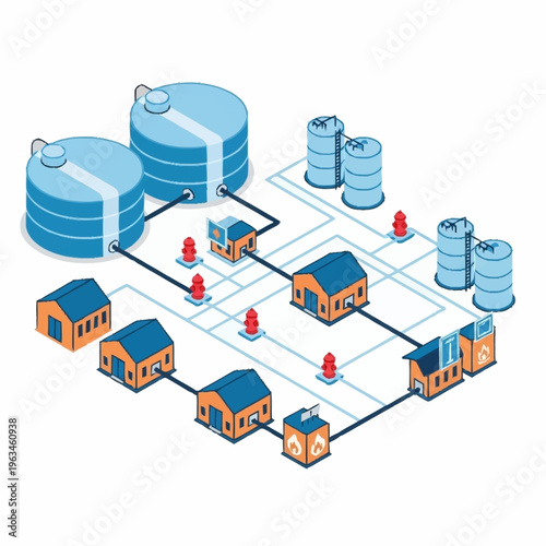 Isometric illustration of a water distribution network with storage tanks and houses.