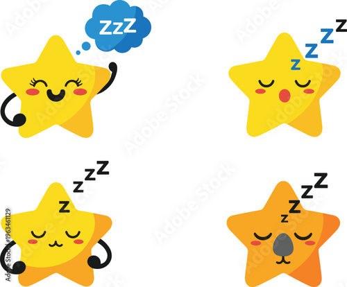 Kawaii Sleeping Star Collection with Cute Faces and "Zzz" Expressions, Ideal for Cartoon, Fun, and Decorative Designs