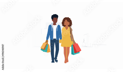 Young multiracial couple shopping with gift bags vector illustration