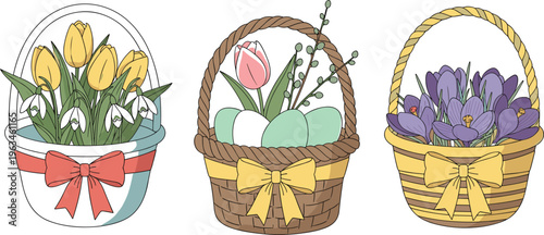 Spring Floral Basket Collection with Colorful Tulips, Easter Eggs, and Vibrant Blossoms in Wicker Baskets for Seasonal Decor and Celebration