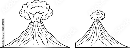 Cartoon volcanoes erupting smoke clouds a white background eruption mountain