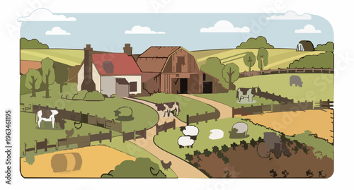 Idyllic Farm Landscape with Cottage Barns and Livestock Vector Illustration