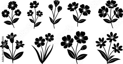 Collection of black silhouette floral with leaves and buds white background flower