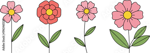 Simple Floral Collection with Pink and Red Flowers Featuring Yellow Centers, Ideal for Spring, Nature, and Garden-Themed Designs