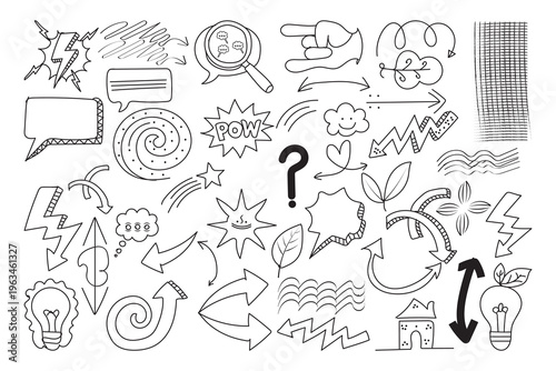 A collection of various doodles and icons in black and white
