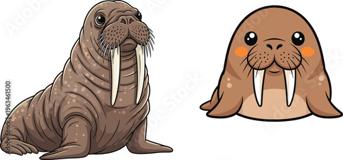Cartoon Walrus Set with Cute and Realistic Illustrations, Fun Characters, and Whiskers for Kids' Animal Designs
