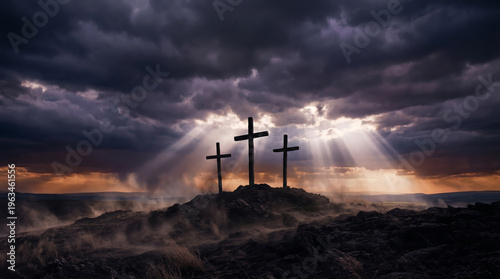 Calvario hill with three crosses under dramatic sky