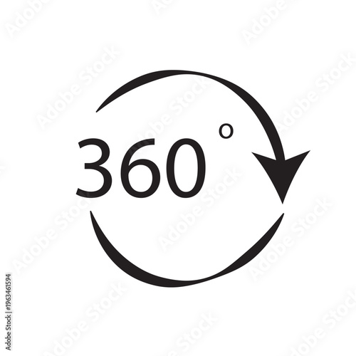 360 degrees vector icon set. Round signs with arrows rotation to 360 degrees. 360 degree complete angle or a full angle. 360 degrees logo, label, badge, symbol, banner, circle, black, line, isolated.