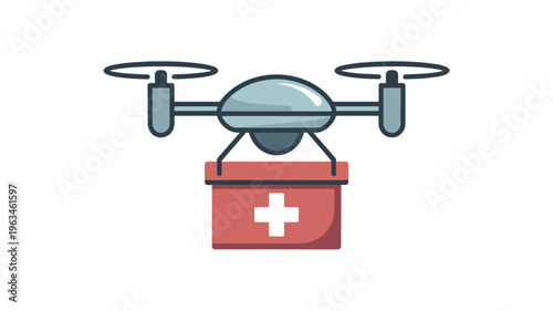 Drone delivering a medical aid kit with a red cross symbol in an emergency situation Vector, illustration
