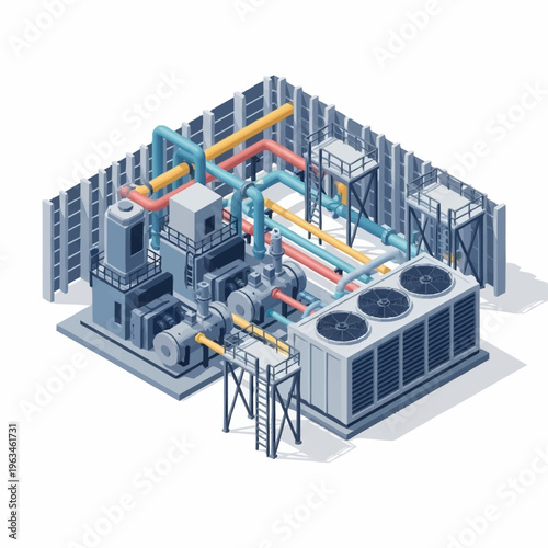 Isometric Industrial HVAC System with Cooling Towers and Pipes.