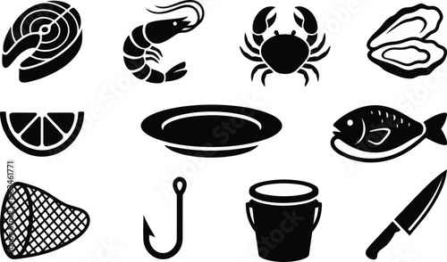A set of black and white seafood icons on transparent background