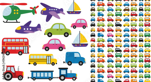 Colorful Vehicles Set with Cars, Trucks, Buses, Helicopters, Airplanes, Trains, and Boats for Kids' Transportation Illustrations