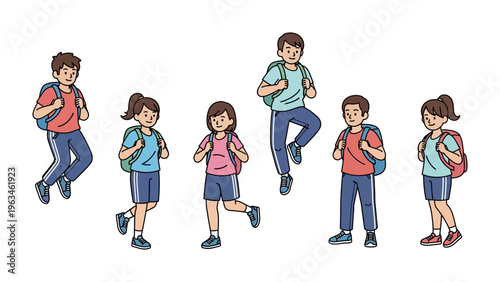 Backpackers on an Adventure: A cheerful group of children with backpacks eagerly stepping forward towards their school, symbolizing the enthusiasm for learning and the start of a new school year.