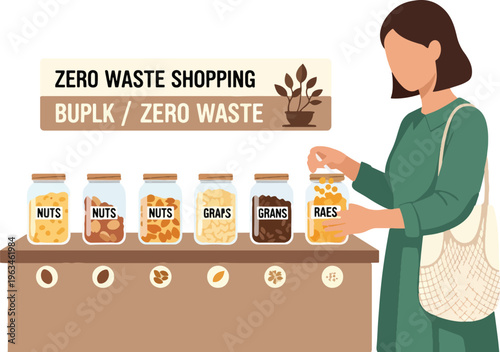 Woman shops at zero waste store, filling jar with bulk goods, emphasizing sustainable and eco-friendly shopping habits