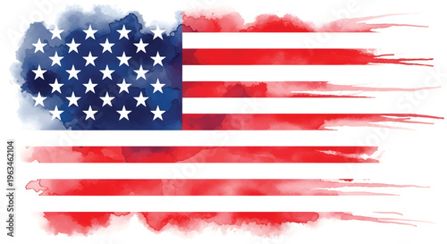 Watercolor American flag vector illustration, artistic USA flag with paint splashes and brush strokes, patriotic United States national symbol