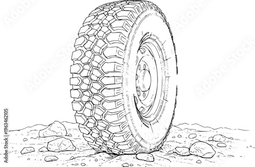 Detailed black and white line of a rugged off road tire rocky terrain wheel offroad