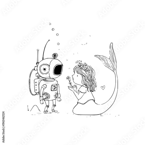 Robot and mermaid interact underwater with bubbles rising illustration of futuristic oceanic encounter