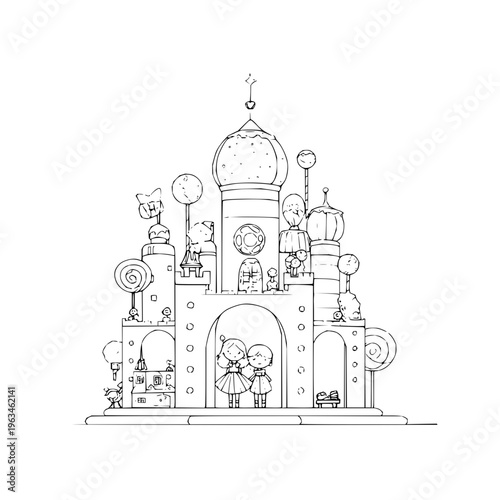 Whimsical castle with candy and two girls standing at entrance fairy tale architecture with sweet treats