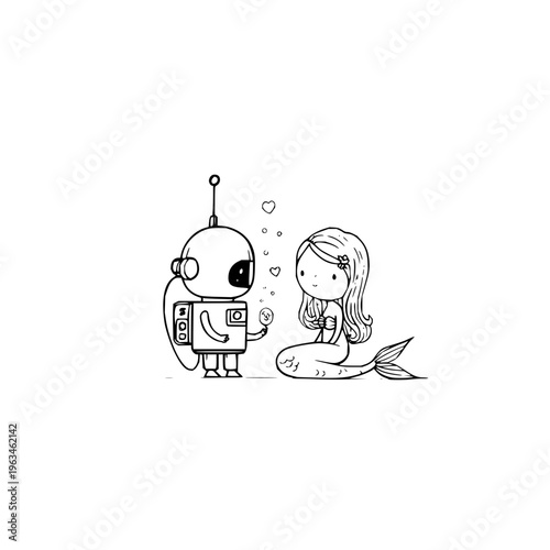 Robot and mermaid in love heart bubbles cartoon illustration black and white