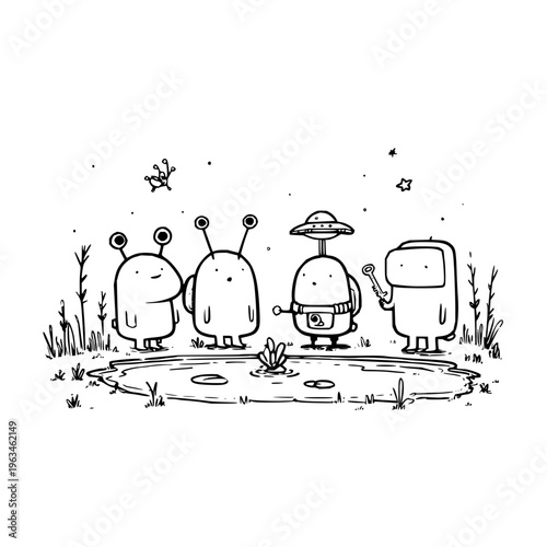 Four cartoon aliens standing by a puddle under starry night sky with ufo
