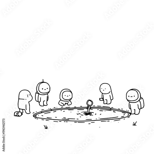 Cartoon people standing around a manhole cover in a field looking down at a wrench simple line drawing
