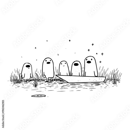 Ghostly figures standing in water with boat mystical atmosphere black and white illustration eerie scene paranormal activity