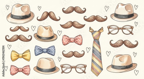 Set of vintage gentleman accessories including hats, mustaches, bow ties, necktie and glasses isolated on white background