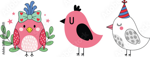 Kawaii Cute Bird Collection with Party Hats, Bows, and Fun Expressions, Perfect for Cartoon, Kids, and Holiday Designs