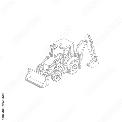 Detailed isometric backhoe loader line art illustration isolated