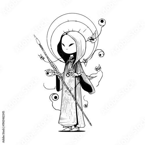 Mysterious female sorceress with magical staff and glowing eyes in mystical robe standing in fantasy environment